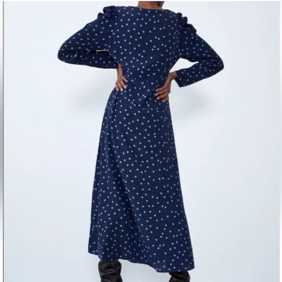 ZARA Midi Maxi Blue Polka Dots Dress puff Long Sleeves Size XS - Picture 5 of 14